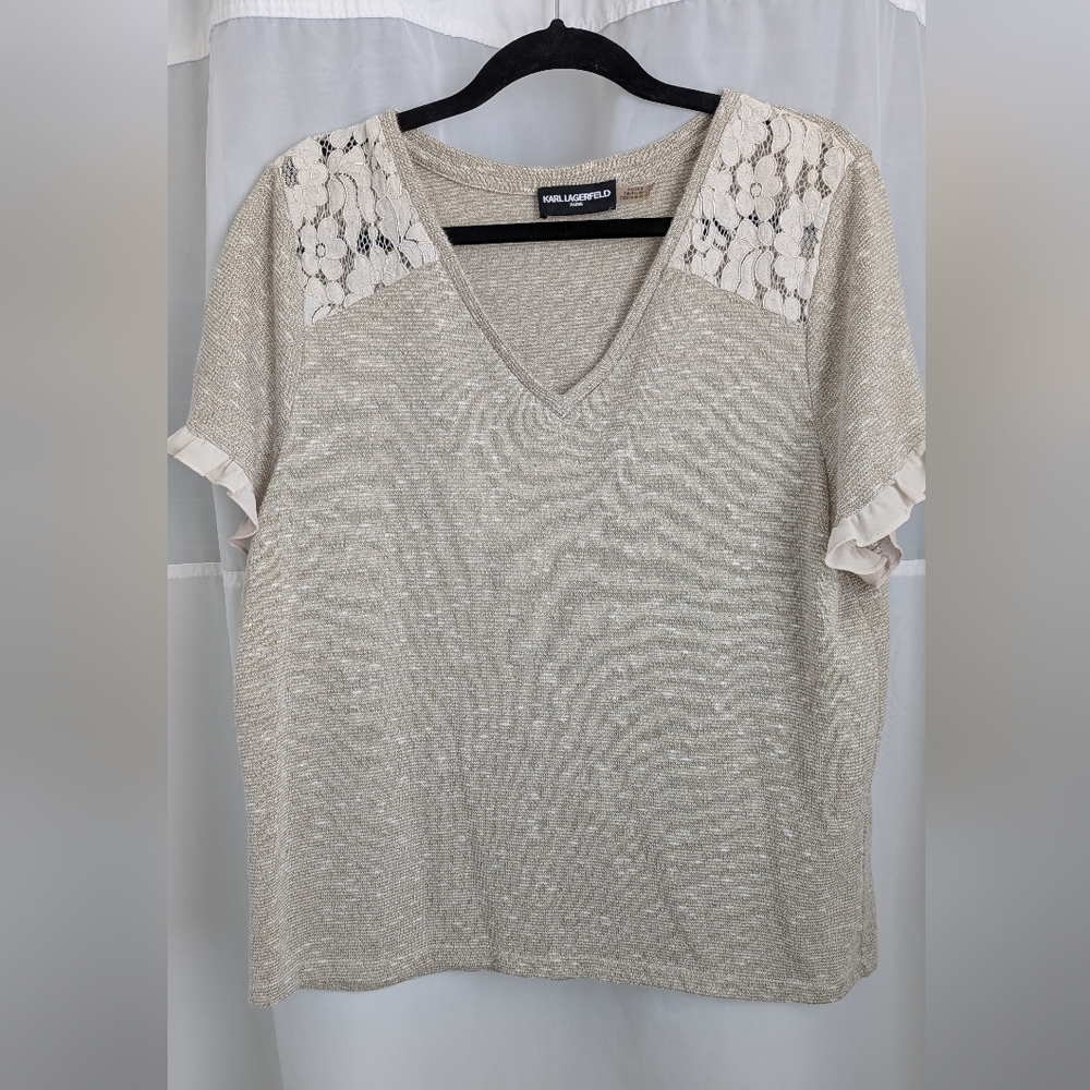 Karl Lagerfeld Cream Lace Shoulder Sweater Blouse L/XL